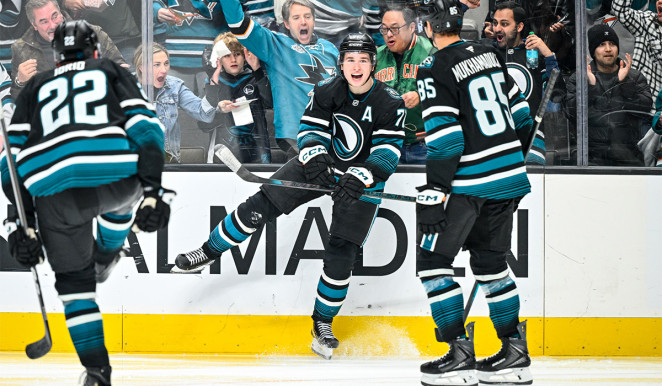 Celebrini's epic night leads Sharks past Flames 6-3